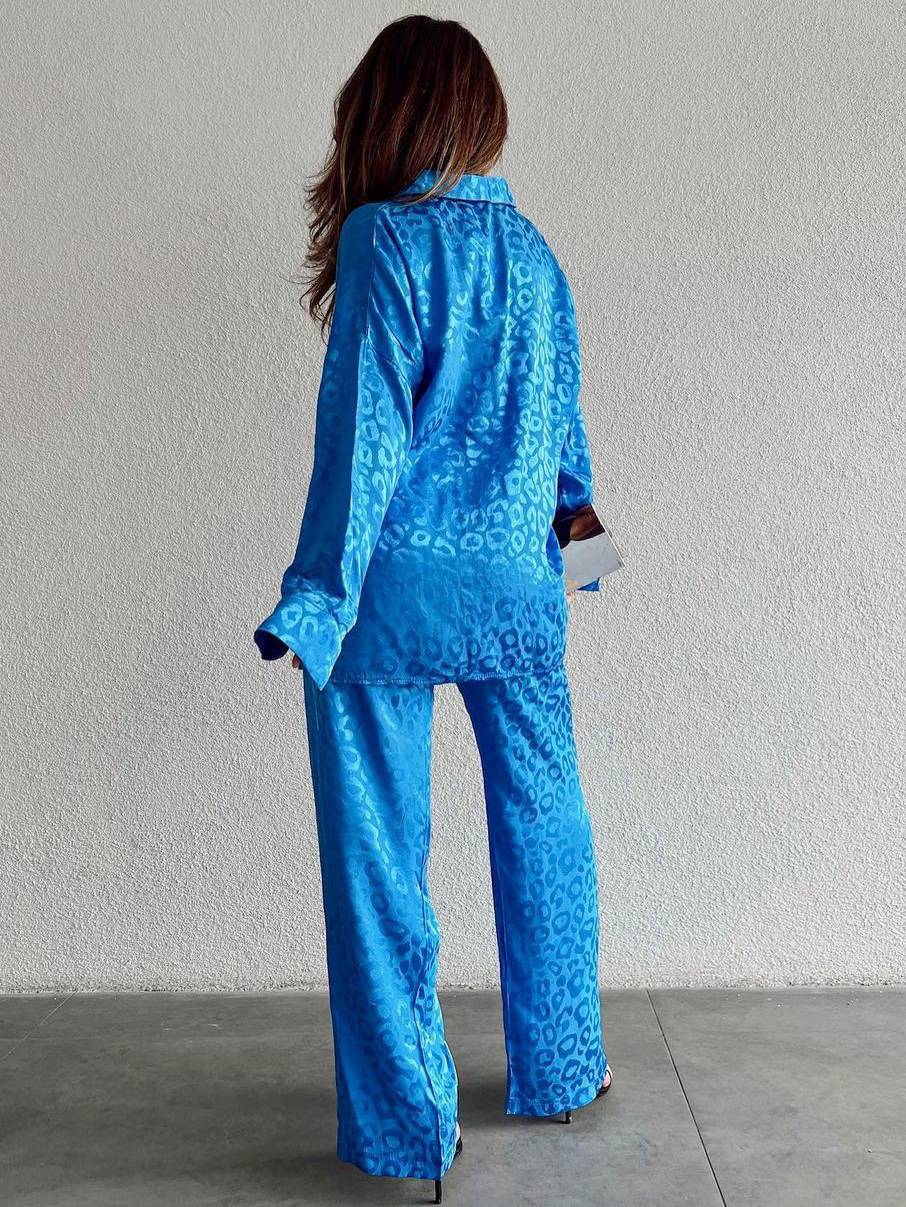 Leopard Print Loose Shirt Wide Leg Pants Casual Suit
