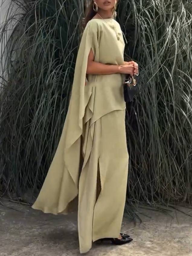 Long Loose Shirt And Side Slit Wide Leg Pants Suit-Pants