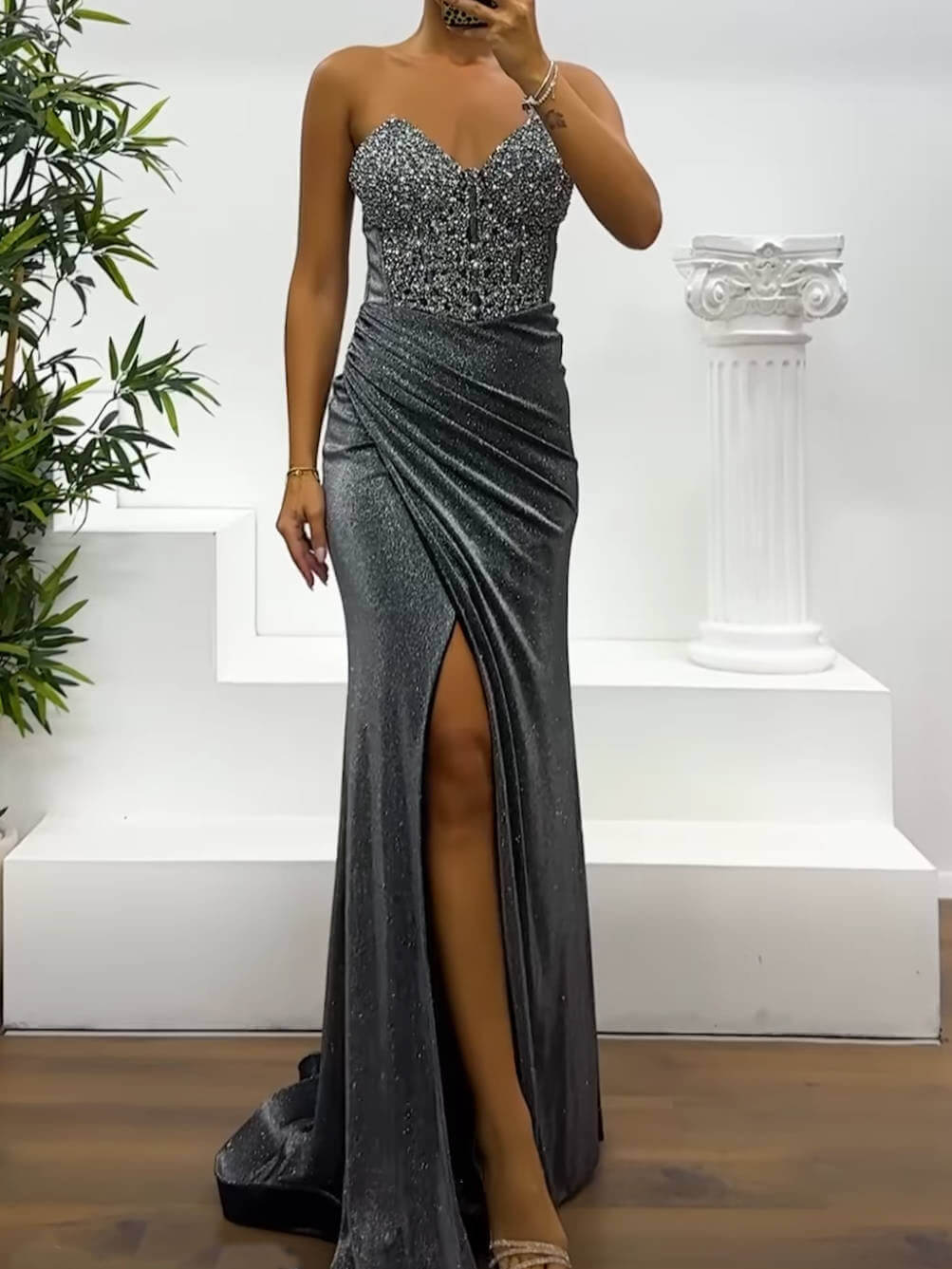 Sequined Side Slit Off-The-Shoulder Dress