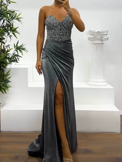 Sequined Side Slit Off-The-Shoulder Dress