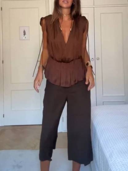 V-Neck Sleeveless Top And Shorts Suit-Shorts