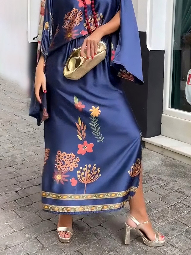 Exquisite Floral-Print Satin Long-Sleeved Top