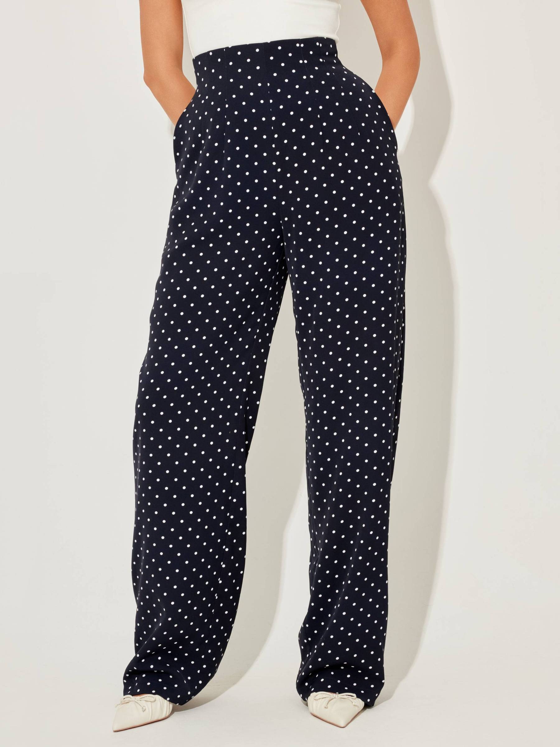 Vintage Polka Dot Halterneck Lace-up Top And Wide Leg Pants Suit-Pants