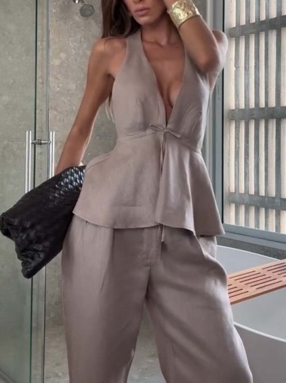 Elegant Halter Neck Lace-up Top And Wide Leg Pants Suit-Pants