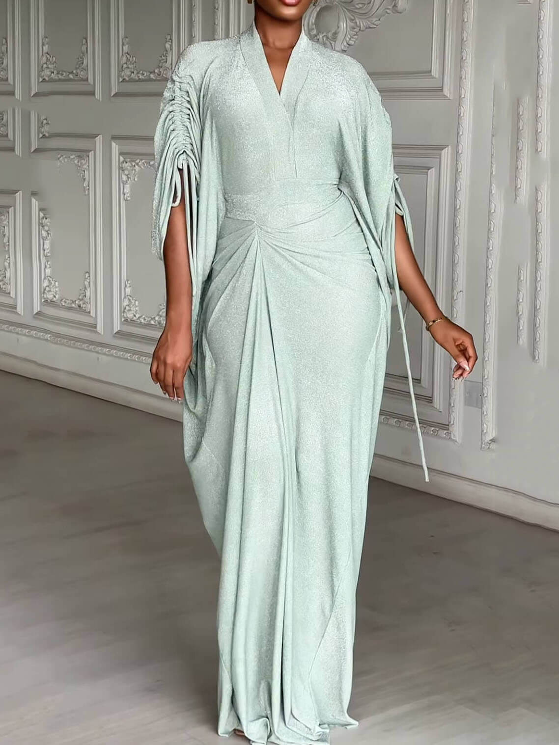 Pleated Shimmering V-Neck Maxi Dress