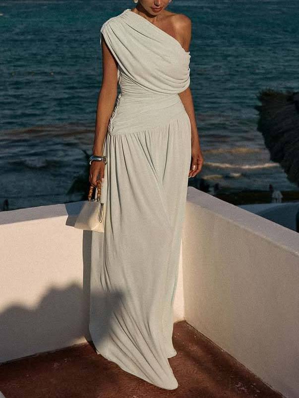 Off-shoulder Pleated Slim-fit Maxi Dress