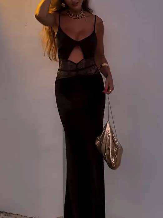 Sexy Lace Splicing Hollow Design Maxi Dress