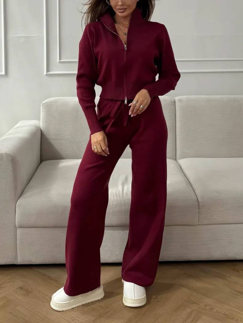 Casual Knitted Cardigan And Wide Leg Pants Suit