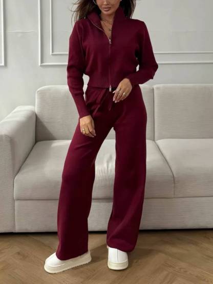 Casual Knitted Cardigan And Wide Leg Pants Suit