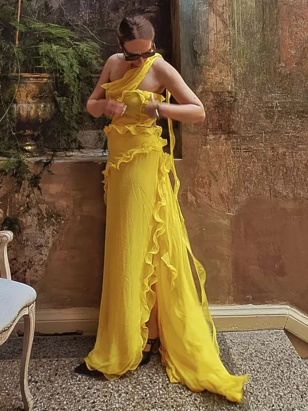 One-Shoulder Ruffled Long Chiffon Dress