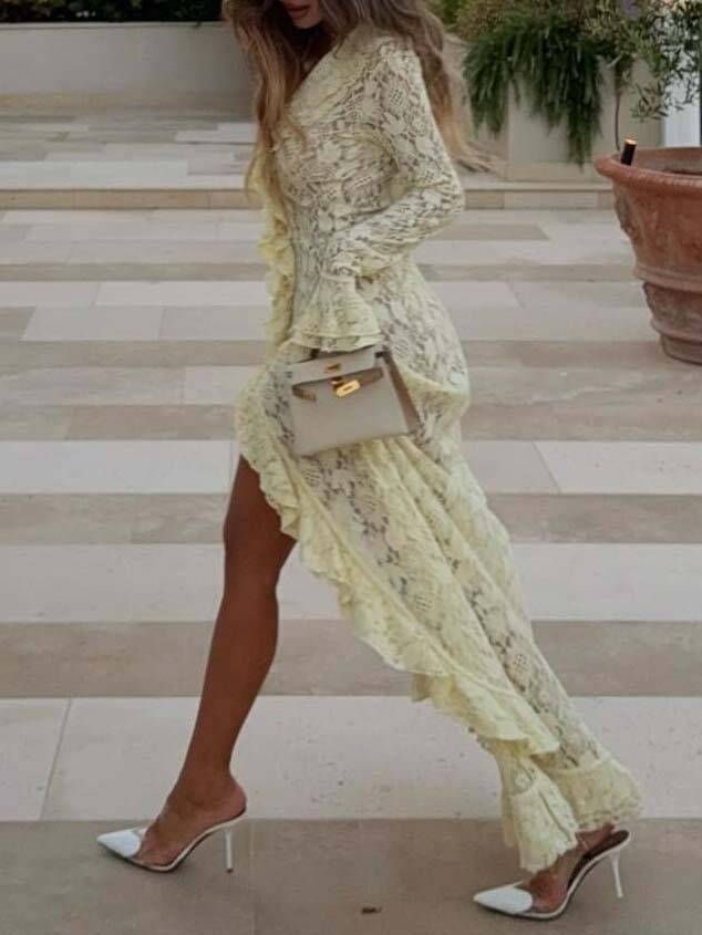 Ruffled Lace Front Slit Maxi Dress