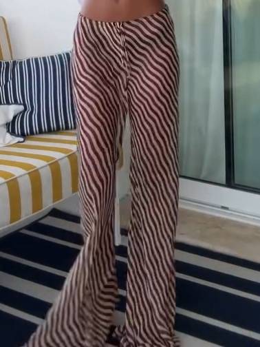 Slant-neck Backless Top And Sstripe Printed Wide Leg Pants Set-Pants