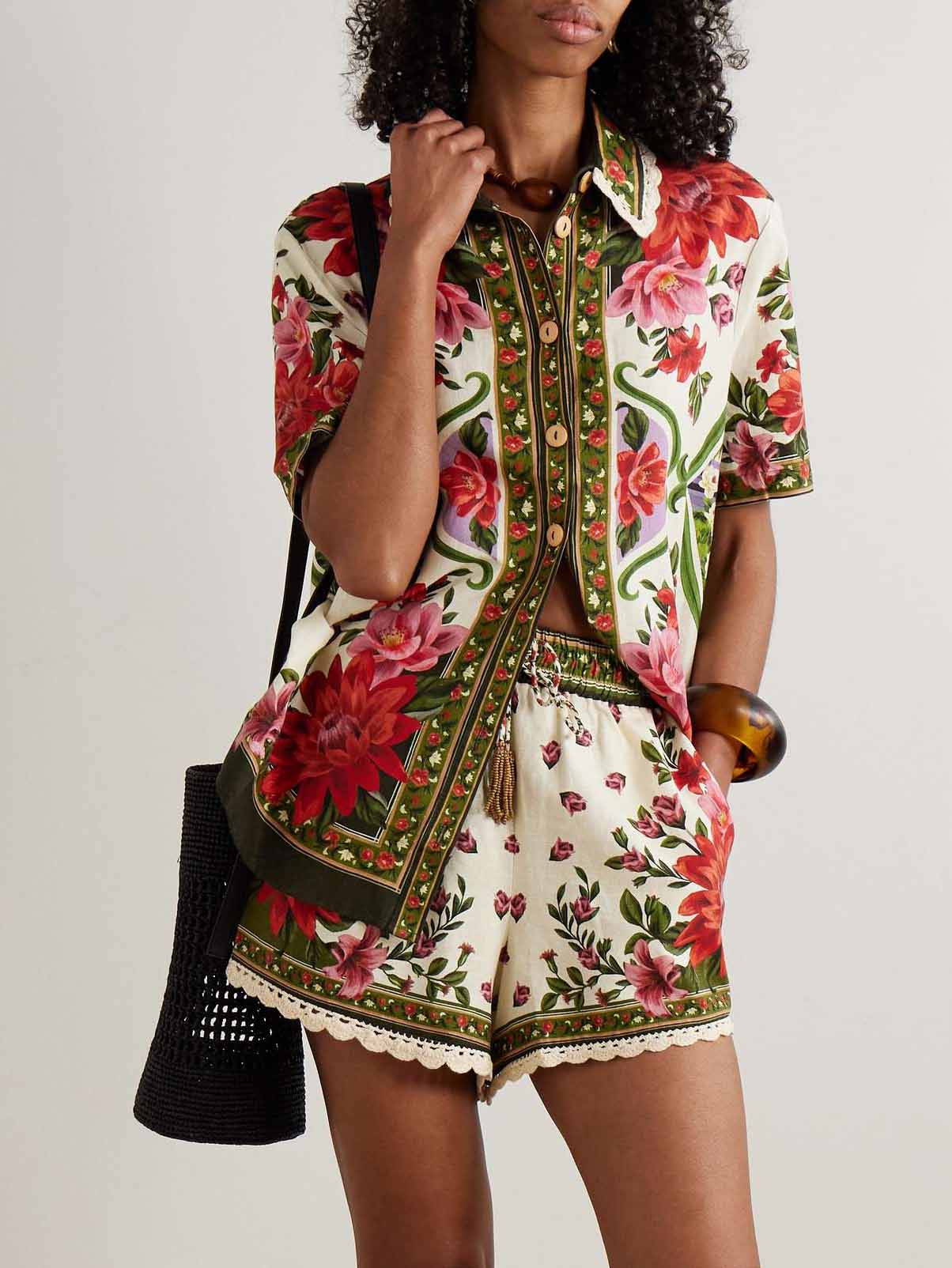 Retro Floral Print Shirt & Shorts Two-Piece Set