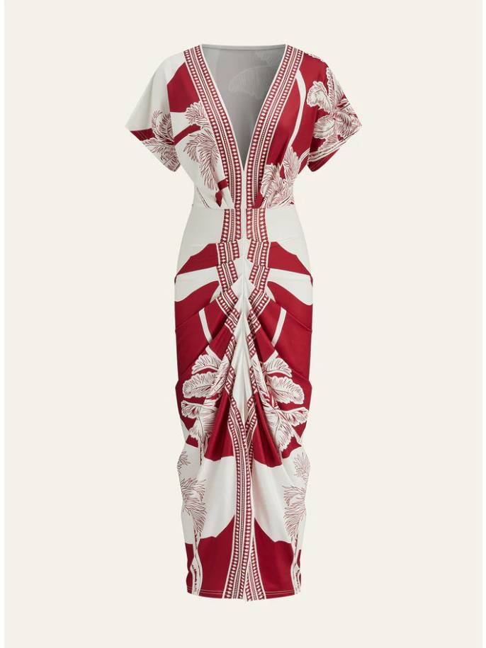 Distinctive Printed V-Neck Midi Dress