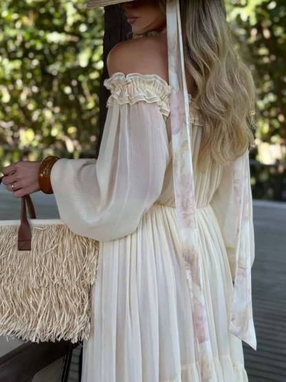 Vacation Style Off-shoulder Lace-up Long Sleeve Maxi Dress