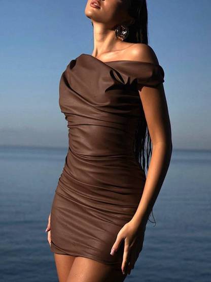 Imitation Leather Skew Shoulder Kink Fold Mini Dress