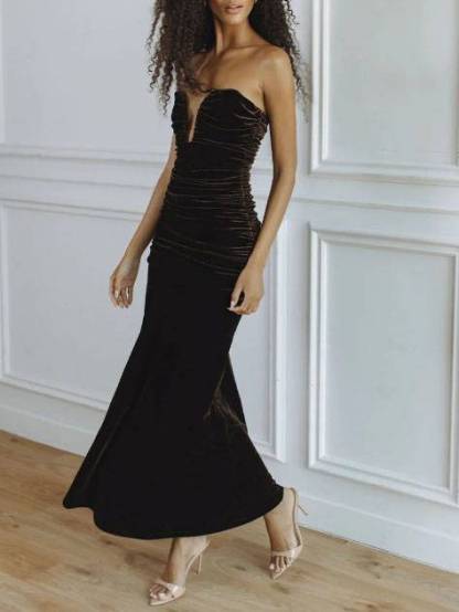 Tube Top Pleated Velvet Maxi Dress