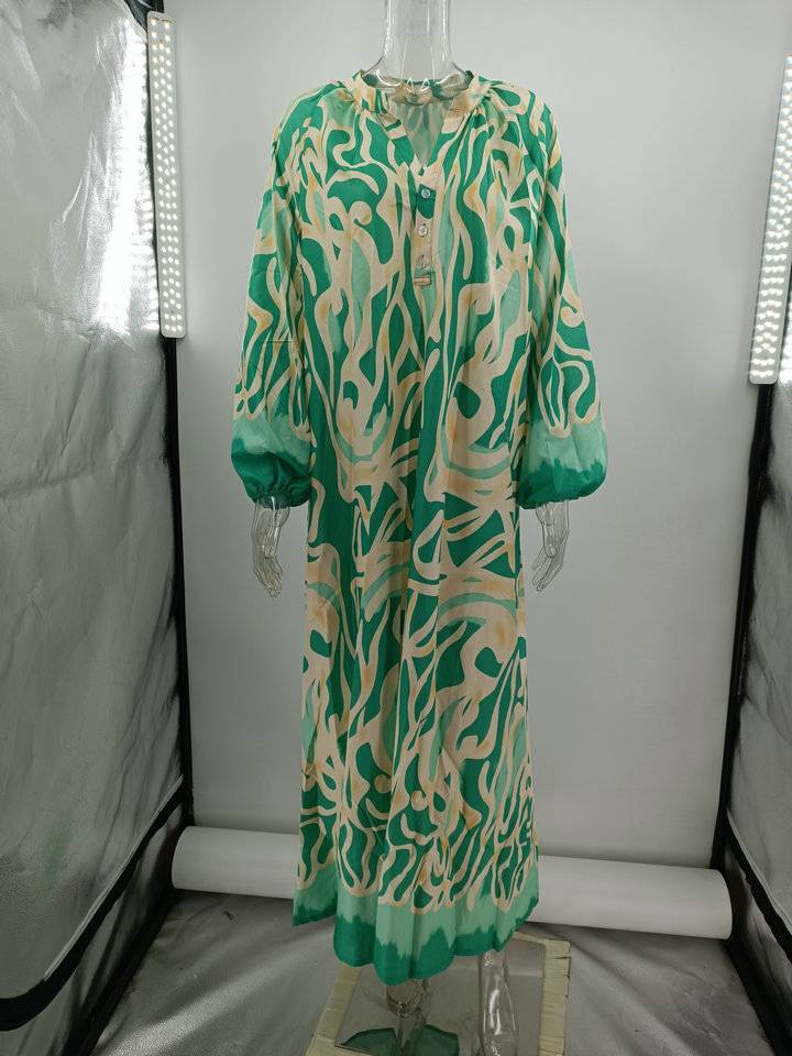 Printed V-neck Long-sleeved Loose Dress