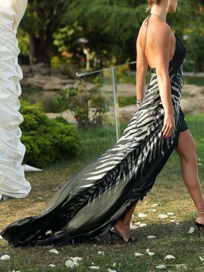 Zebra-Print Irregular Hem Sling Maxi Dress