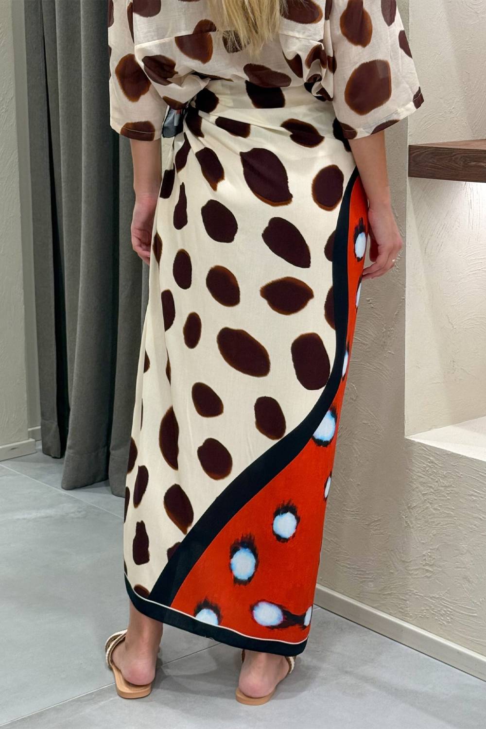 Contrast Print Button‑Down Shirt & Wrap Sarong Midi Skirt Two‑Piece Set