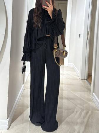Bohemian Style Shirt And Wide Leg Pants Suit-Pants