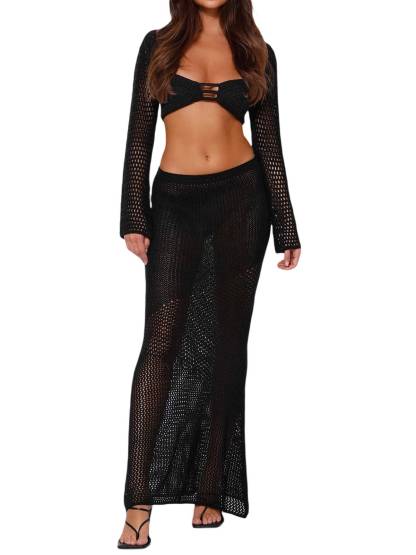 Knitted Long-sleeved Top Hip-hugging Long Skirt  Suit