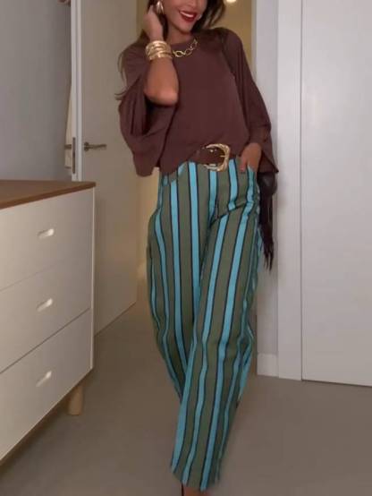 Loose T-Shirt And Striped Printed Pants Set-Pants