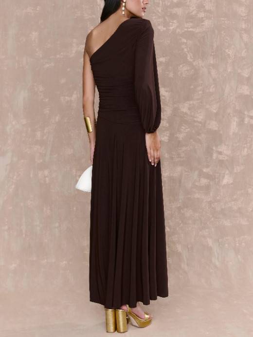 Off-shoulder Single-sleeve Front Slit Maxi Dress