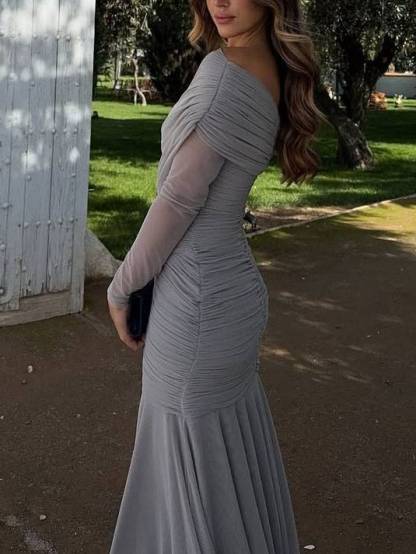 Cross Pleated Design Long Sleeve Maxi Dress