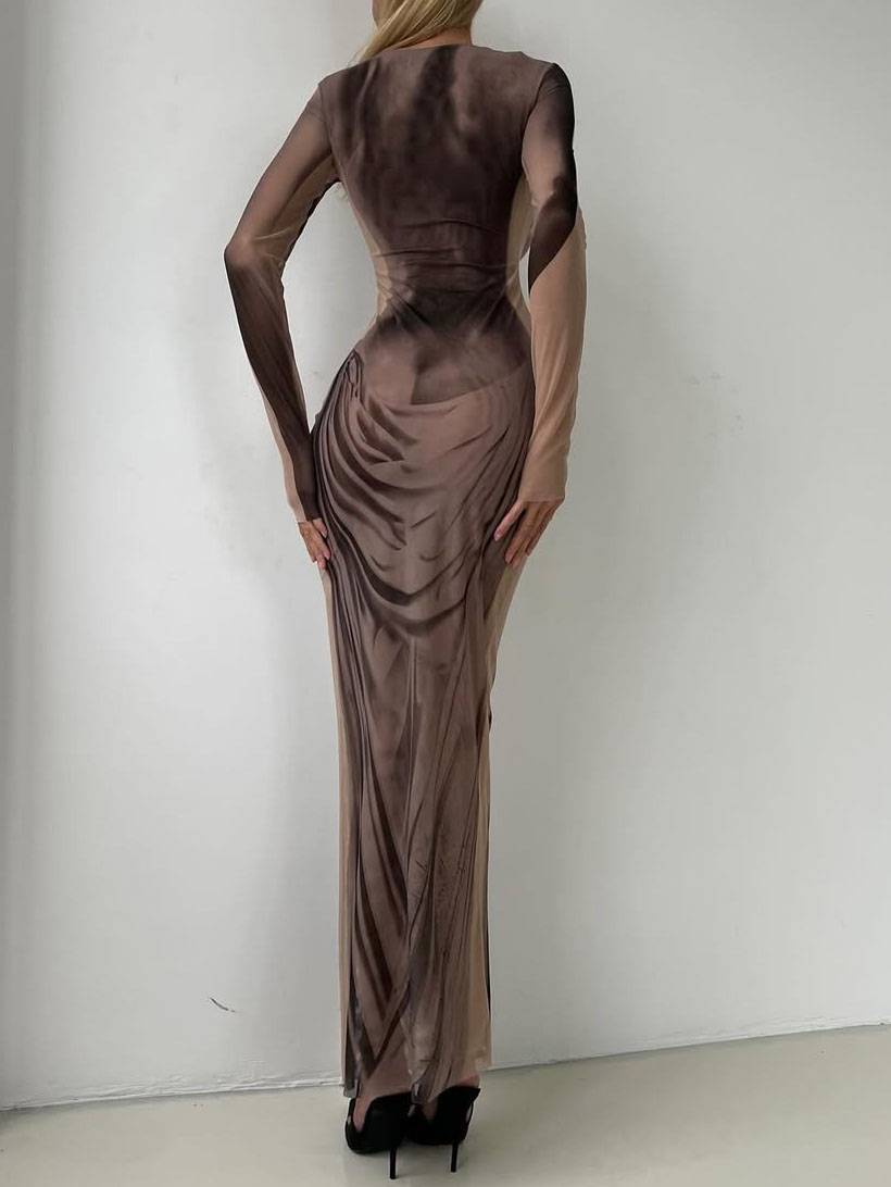 Printed Side Slit Long-Sleeved Maxi Dress