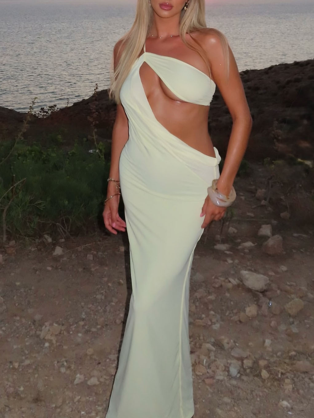 Lemon Yellow Cutout Lace-Up Maxi Dress