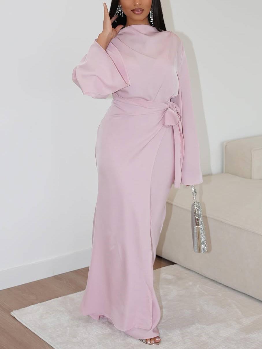 Waist Lace-up Design Long Sleeve Maxi Dress