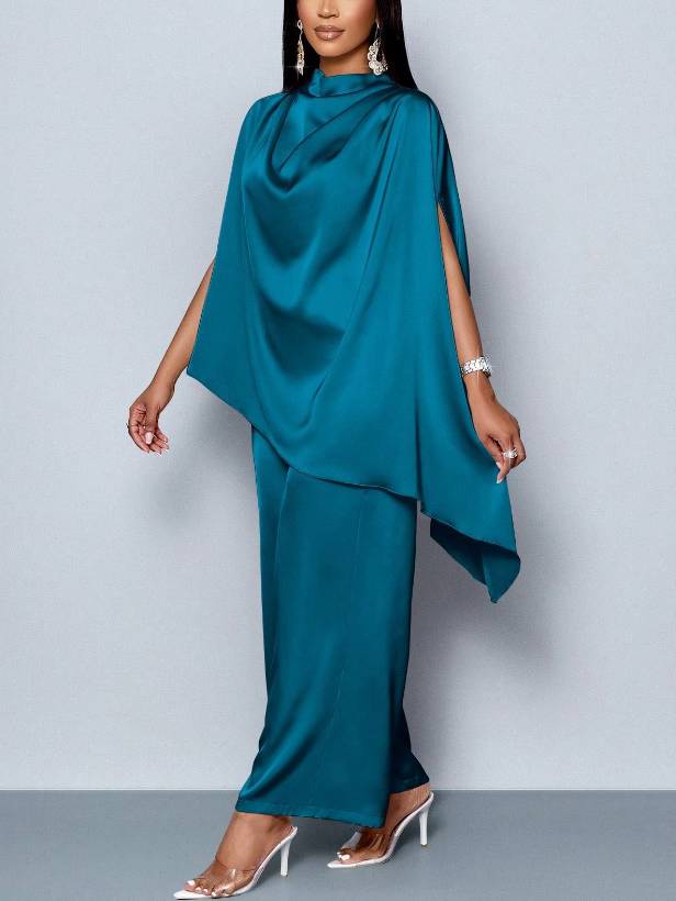 Swing Collar Irregular Hem Shirt And Wide Leg Pants Suit