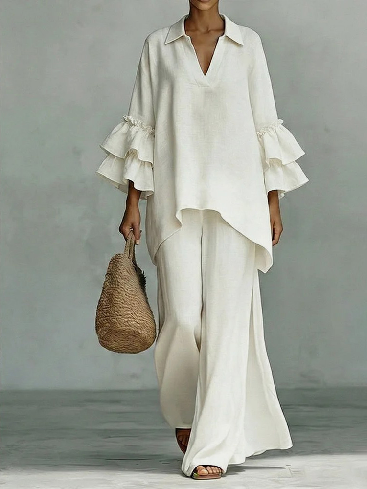 Casual Ruffle Sleeve V-Neck Top & High Waist Wide Leg Pants Set