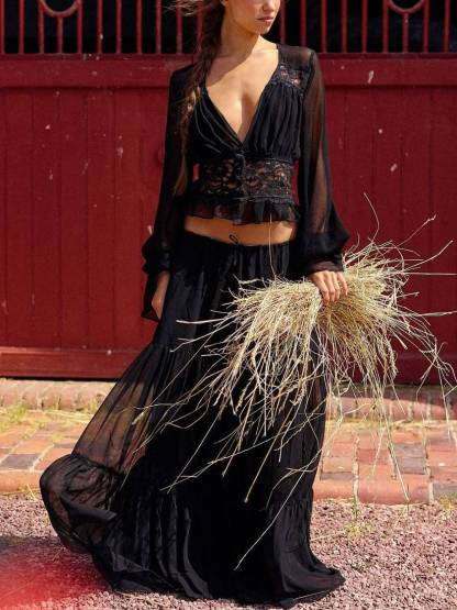 Bohemian Lace SPlicing Shirt And Skirt Set