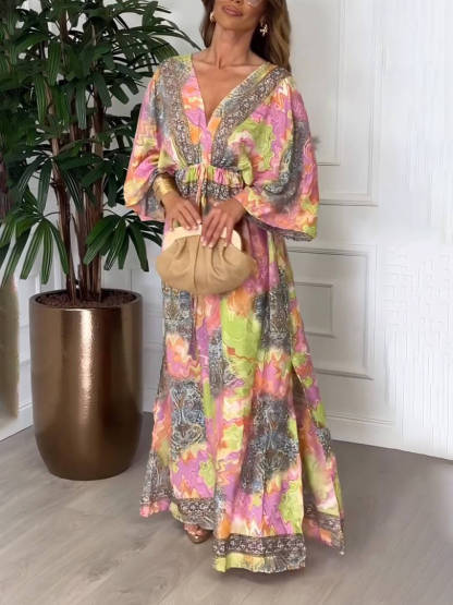 Summer Bold Floral Print Elastic Waist Backless Slit Casual Maxi Dress
