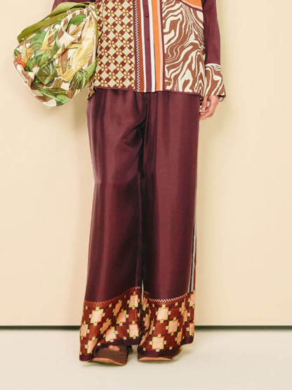 Unique Paisley Color-Block Satin Shirt And Elastic Waist Wide-Leg Pants Set