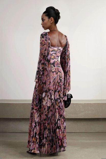 Exquisite Printed Metallic Pleated Chiffon Trumpet Sleeve Maxi Dress
