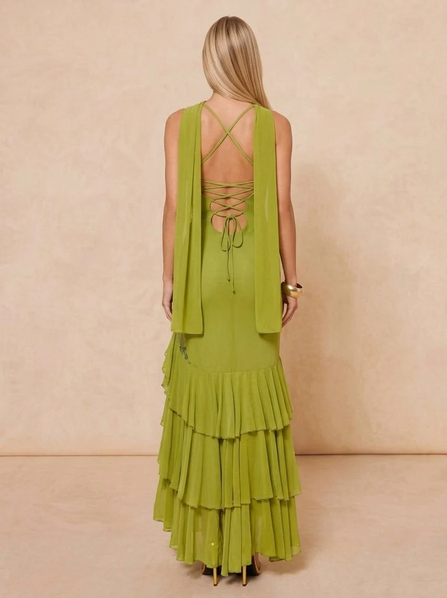 Olive Green Sequin Embroidered Cami Tiered Ruffle Mermaid Maxi Dress [erp-image:8df0a89afbe613b770f6cc5a]