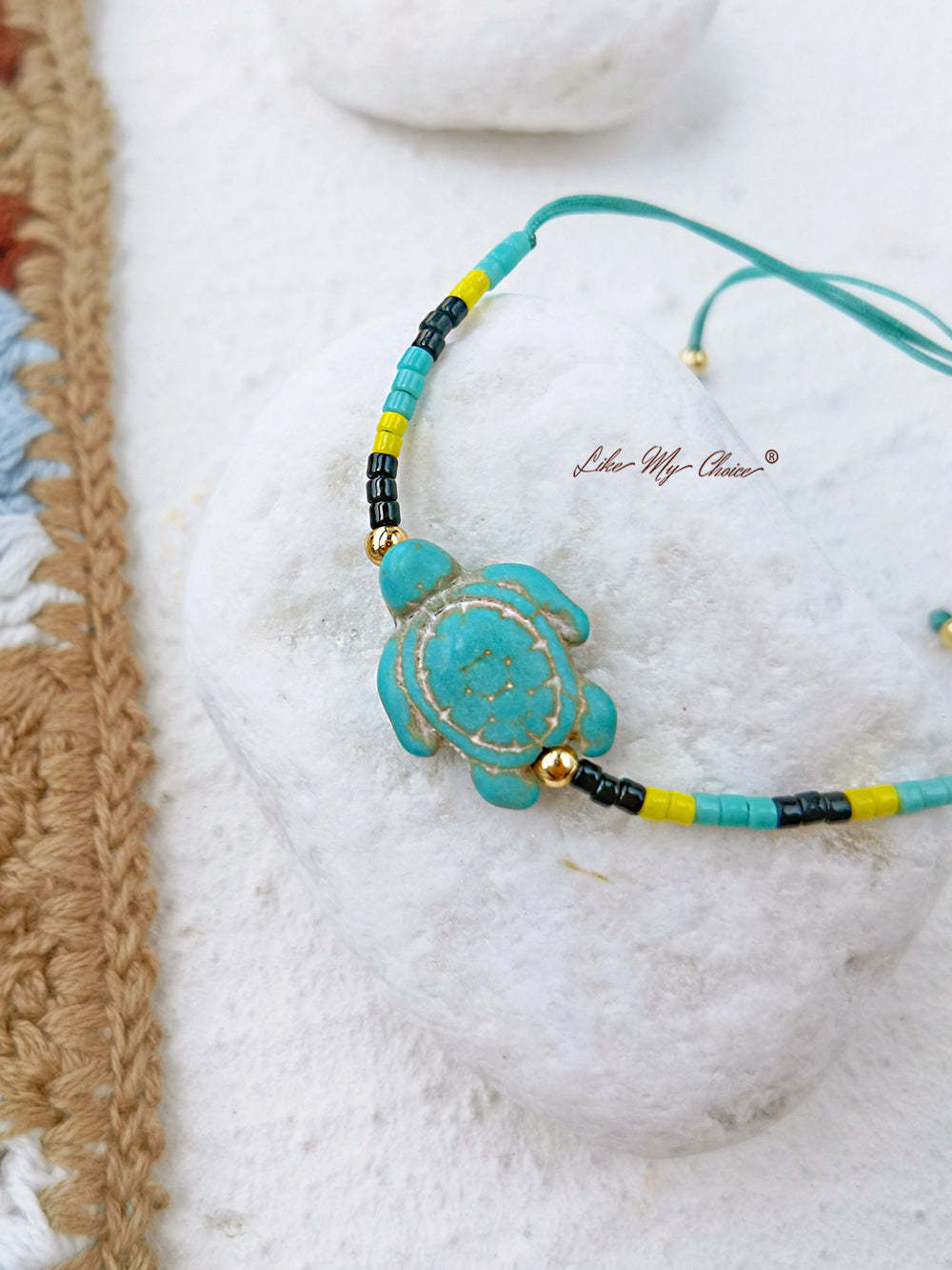 Adjustable Drawstring Beaded Bracelet Turquoise Green Blue Turtle