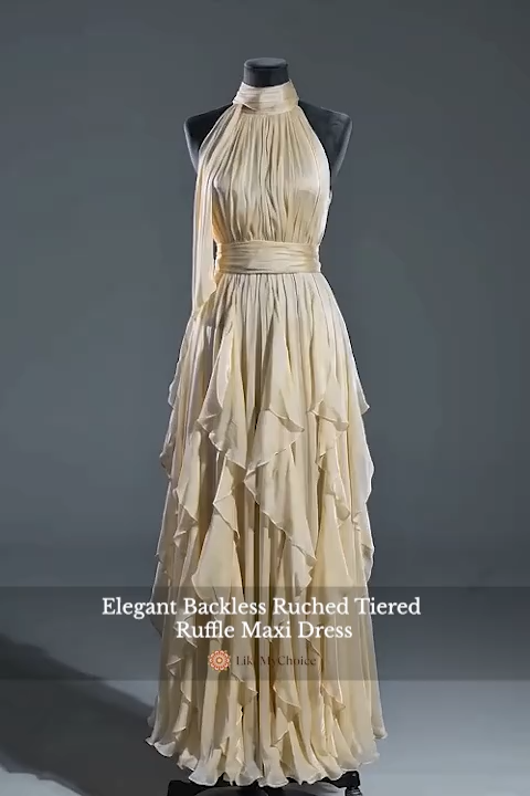 Elegant Backless Ruched Tiered Ruffle Maxi Dress
