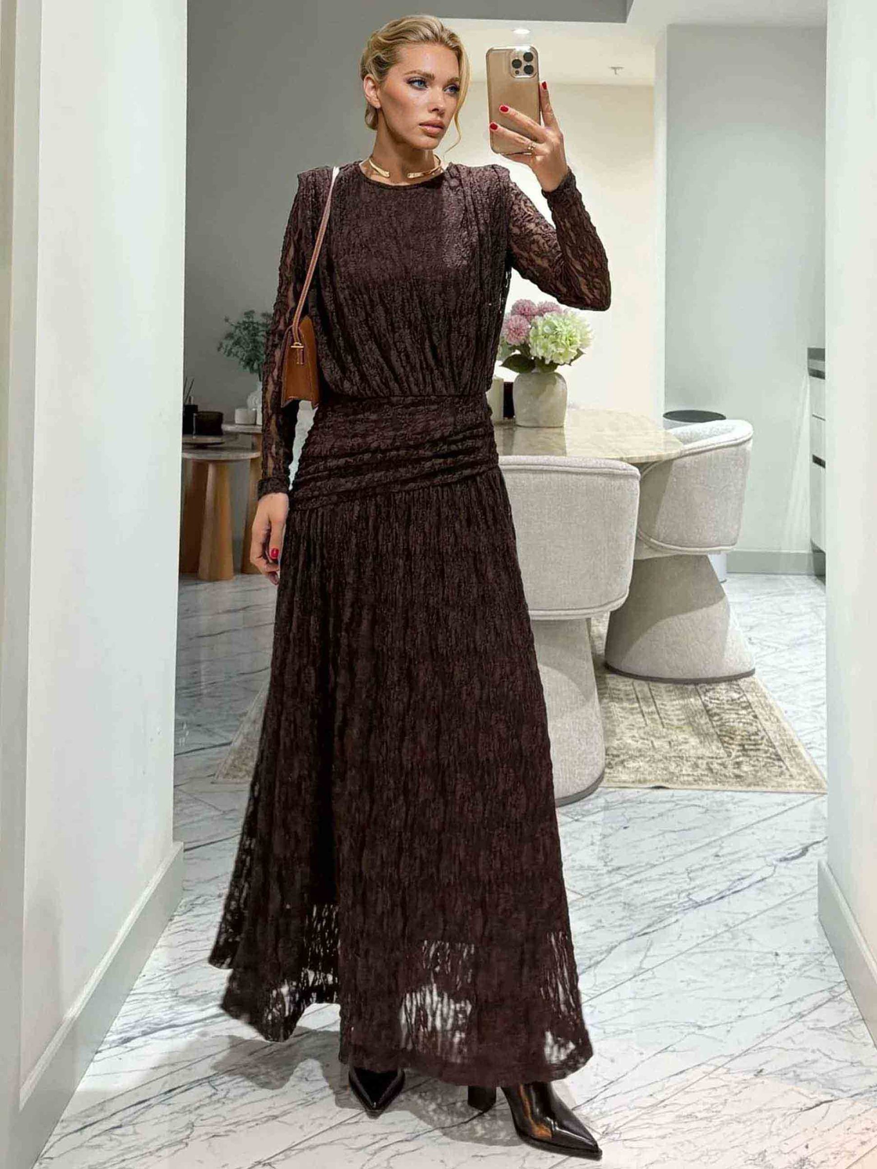 Elegant Long-Sleeve Lace-Textured Maxi Dress