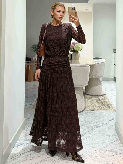 Elegant Long-Sleeve Lace-Textured Maxi Dress