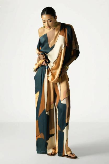 Geometric Print Shirt And Wide Leg Pants Set