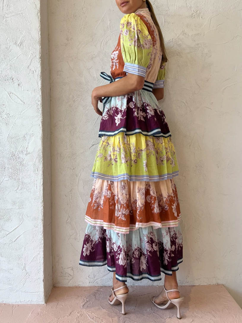 Retro Paisley Print Ruffled Midi Dress