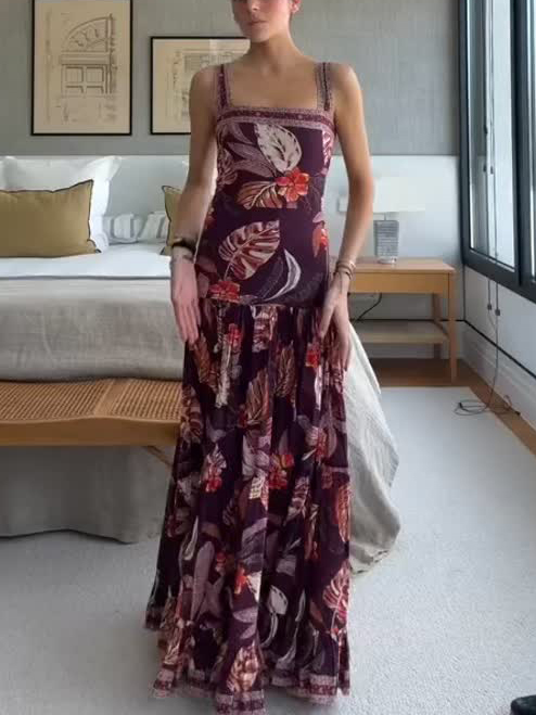 Square Neck Tropical Leaf Print Tiered Maxi Dress