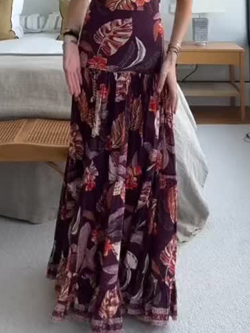 Square Neck Tropical Leaf Print Tiered Maxi Dress