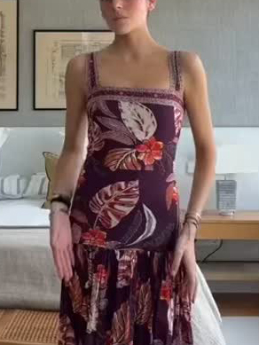 Square Neck Tropical Leaf Print Tiered Maxi Dress