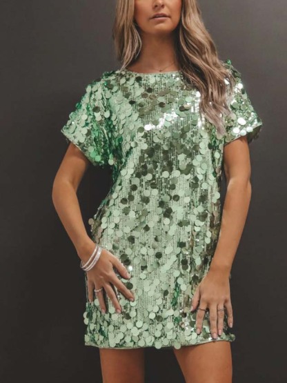 Fashion Short Sleeve Sequin Loose Mini Dress