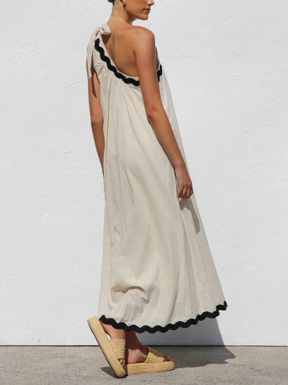 Classic Contrast Lace One-shoulder Spaghetti Strap Midi Dress